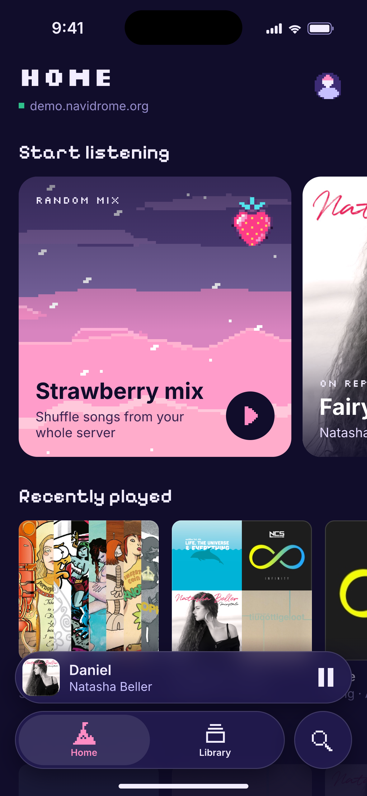 Berry Home showing Strawberry mix, recently played albums, and the mini player.